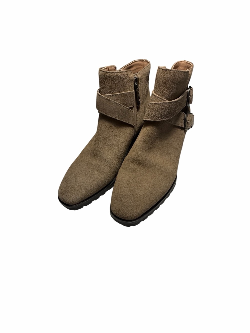 Blondo Shanna Taupe Cow Suede Ankle Boots with Buckle Strap Womens 8